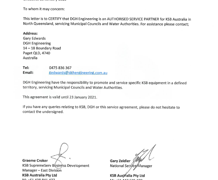 DGH Authorised service partner letter